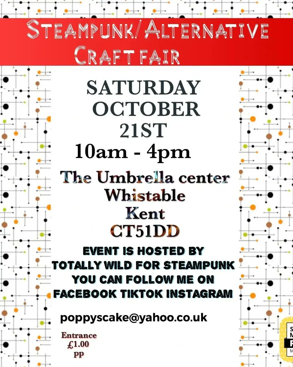 twfsteampunk's tweet photo. October 21st at Whistable umbrella center 10-4 @Whitstable #whitstablekent #Steampunkevent #craftfair #Alternativefair #TarotReading #handmademarket #kentcoast #whatsoninkent https://t.co/RcZyUpEJiN
