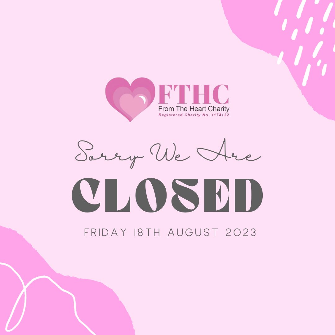 Our charity office will be closed today (Friday 18th August) as volunteers are out and about collecting and delivering donations to the local community! 🥰

We will be open as normal next week (Monday 21st August) from 10am for our coffee morning! 😁

#closed #charity #fthc