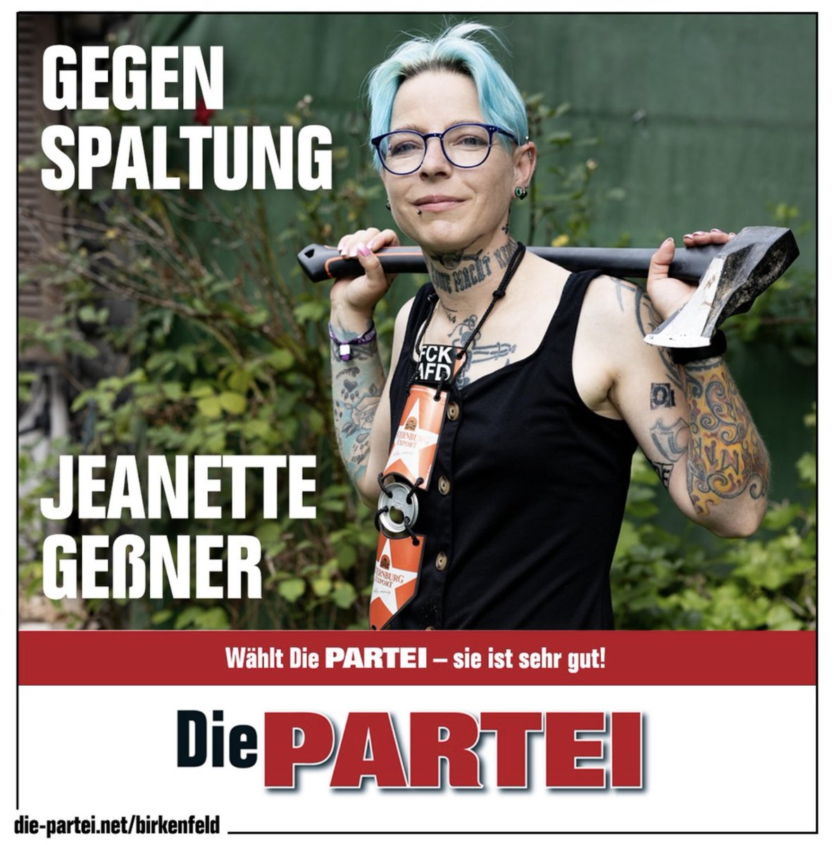 dieparteirlp's tweet photo. "Spaltung der Axt überlassen."
Jeanette Geßner, Die PARTEI
Landrätin für Birkenfeld
https://t.co/Wy4g46jUk8
#DiePARTEI #landrätinkandidatin #birkenfeld #idaroberstein #herrstein #rhaunen #baumholder https://t.co/qkid8ji24H