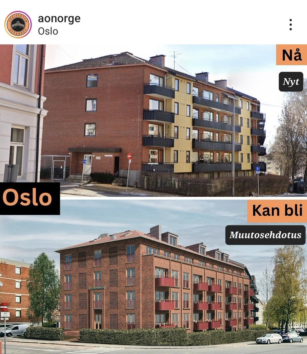 Purkamisen vaihtoehto on säilyttää käyttökelpoiset rakenteet ja päivittää rakennus  vastaamaan oman aikamme tarpeita.

Tässä muutossuunnitelma Oslosta.

Suunnitelman on tehnyt kiinteistöyhtiö Bjerke Eiendomin toimeksiannosta arkkitehtitoimisto MAD.

#arkitekturupprøret