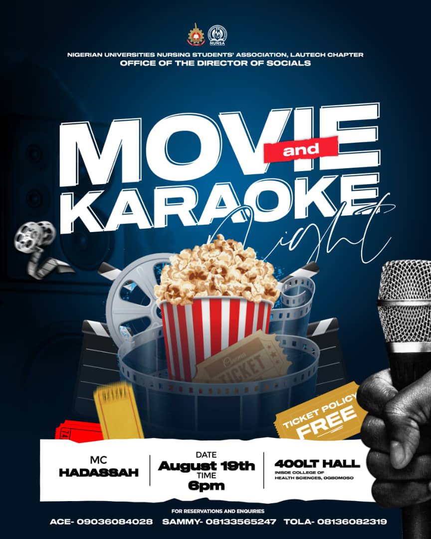 Guess what’s happening on the 19th of August?, the Office of the Director of Socials NUNSA LAUTECH is organizing a Movie and Karaoke Night. 
Nurses deserve some enjoyment hour to themselves to🥳🥳🥳🥳
Anticipate for D-day!!!
#Nursing #nunsalautech #nunsa #humanity #alevels2023