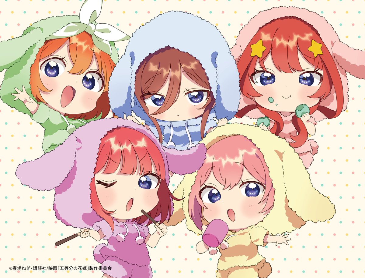 nakano ichika ,nakano itsuki ,nakano miku ,nakano nino ,nakano yotsuba multiple girls siblings 5girls sisters blue eyes brown hair hood  illustration images