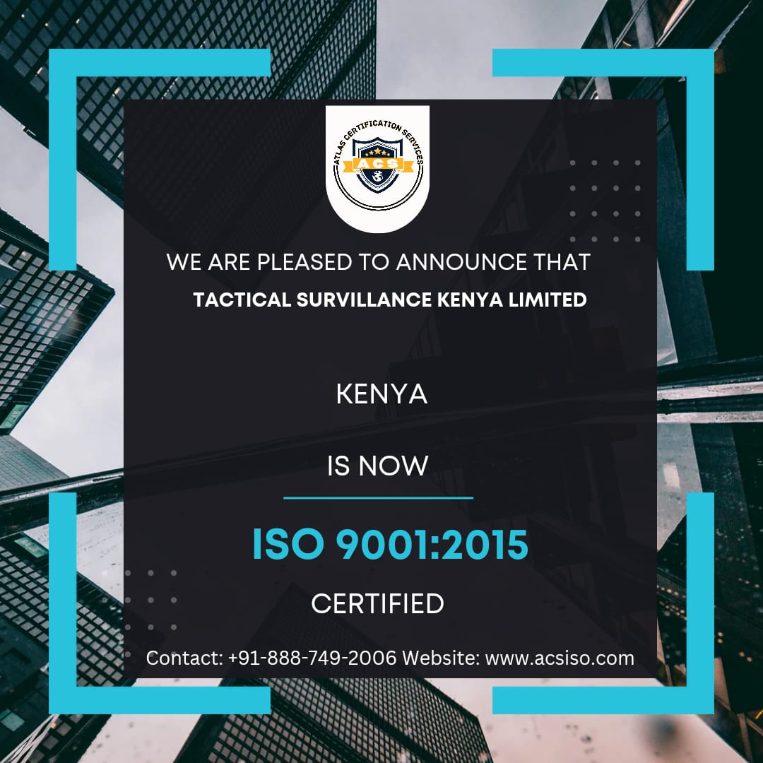 ISOXPERTINDIA's tweet image. 🎉 Congratulations to TACTICAL SURVEILLANCE KENYA LIMITED on achieving ISO 9001:2015 Certification! 🎉

#IntegratedManagementSystem #IMS #Collaboration  #Sustainability #QualityManagement #EnvironmentalResponsibility #OccupationalHealthAndSafety #ISO9001 #ISO14001 #ISO45001