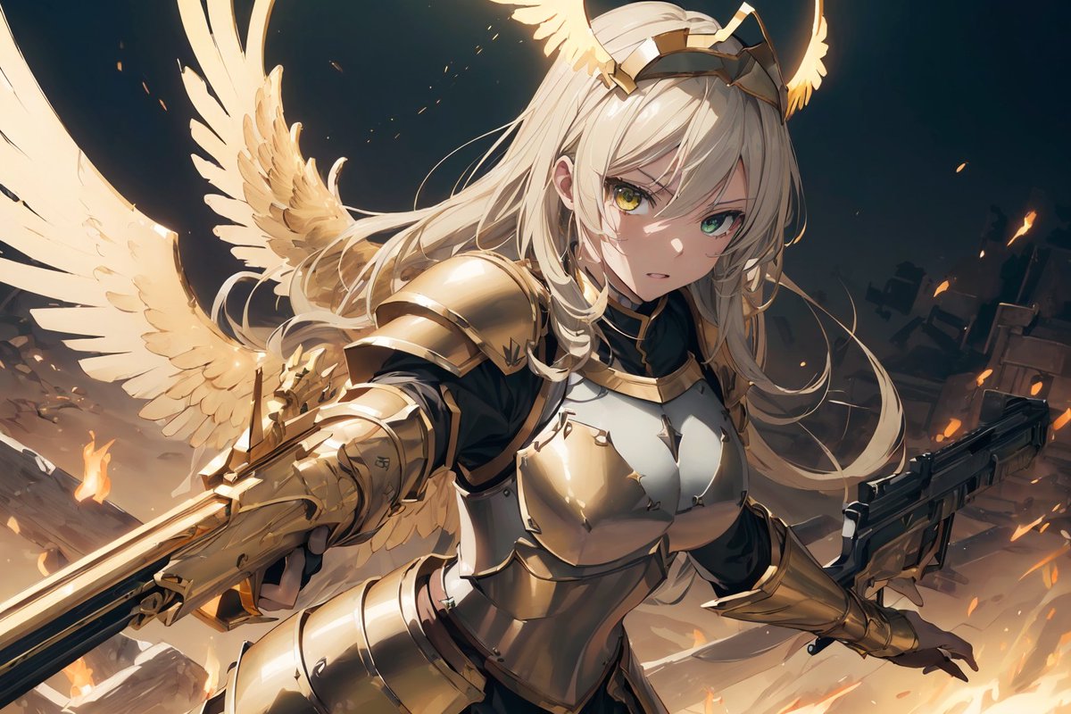 MeisanaOfficial's tweet photo. Freya upgrading her sword to a shotgun! 
#AngelWithAShotgun x @JakeRoseAIArts

#AIart #AIイラスト #AIグラビア #AIgirl #AIartwork #aiwaifus #FreyaOfTyr #crusader #angel #YodayoAI #holyweapon https://t.co/hoUd0d63z9