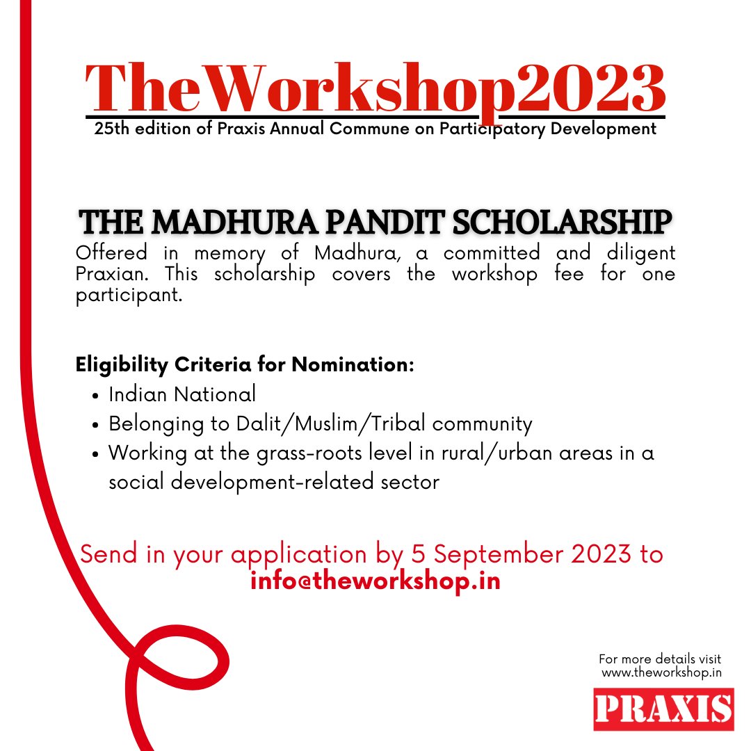 Attention! This is your chance to attend TheWorkshop2023, happening from 9-13 October 2023 in Bengaluru. Apply now for the Madhura Pandit #Scholarship Send your application to info@theworkshop.in. For more details visit theworkshop.in/about-1