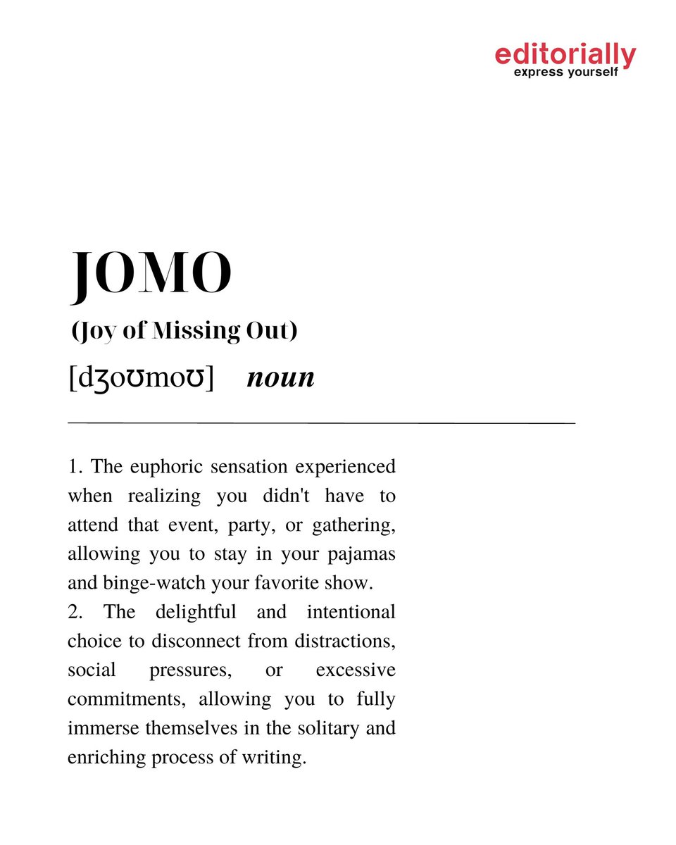 This wonderful #FridayFeeling is well-known to most readers and writers:

FOBI (Fear Of Being Invited): The reader's urge to choose a new chapter over a party invite. 

JOMO (Joy of Missing Out): The writer's joy in skipping events to write. 

Thanks for this one <a href="/sidmathur117/">Sid Mathur</a>!