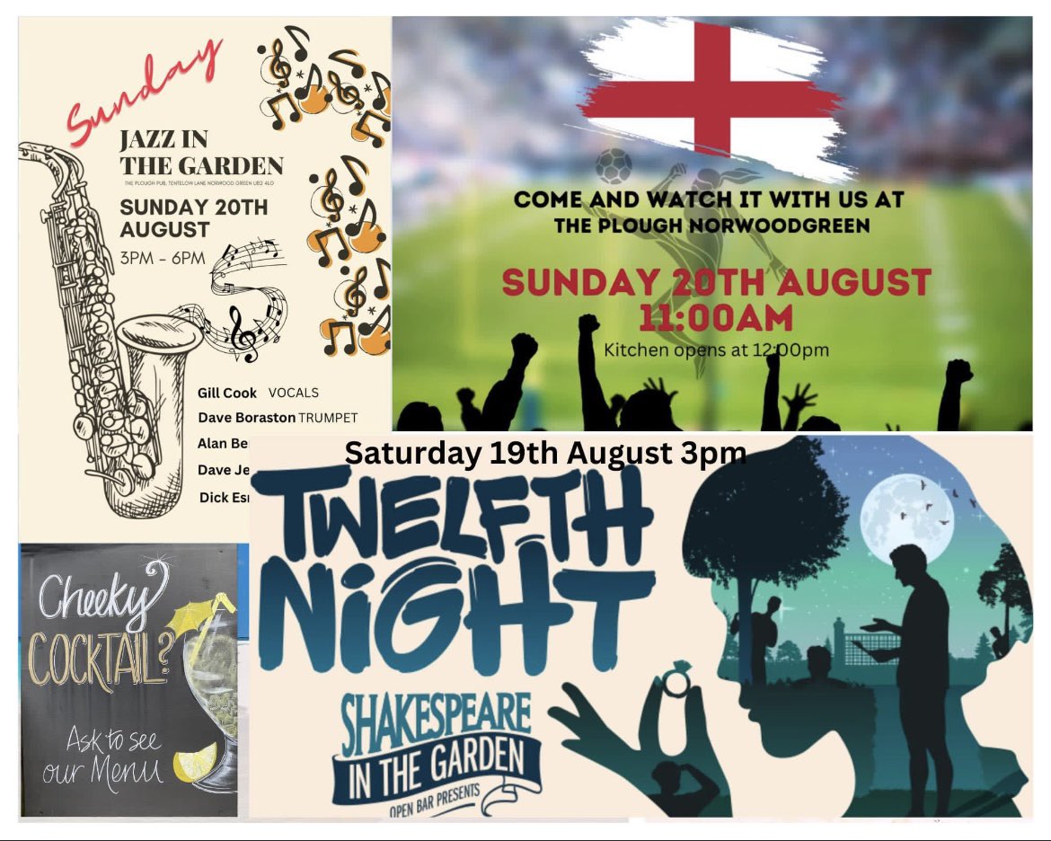 #NorwoodGreen & #Southall residents Reminder that @Fullers @_ThePloughPub on Tentelow Lane has a very busy weekend planned with #twelfthnight by @weareopenbar #WomensWorldCup #JazzInTheGarden & more
#shoplocal #drinklocal & #eatlocal #PubEvents #shakespeareinthegarden