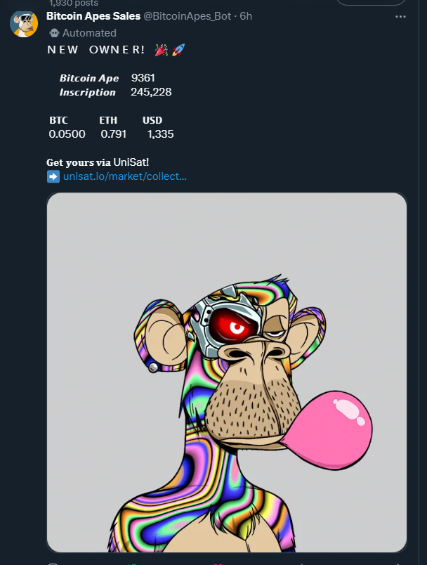 bubblegum_dee's tweet photo. Few sold some real rare grail of @BitcoinApes_ 

New owners 🧠🧠

Each sold for 0.05 BTC, dangg it was some easy 1 BTC grails!! 

@BoredApeYC @yugalabs #bitcoin #btc #ordinals #ordinal #nft #nfts https://t.co/aGSPFsFf5Y