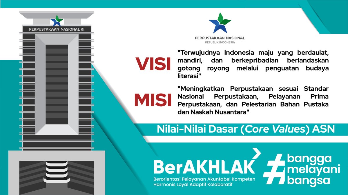 perpusnas1's tweet photo. #SahabatPerpusnas
Perpusnas mempunyai visi dan misi serta menerapkan nilai-nilai dasar ASN untuk bisa memberikan pelayanan terbaik kepada masyarakat.

#perpusnas #berakhlak #nilaidasarASN https://t.co/8uje9xQZXx