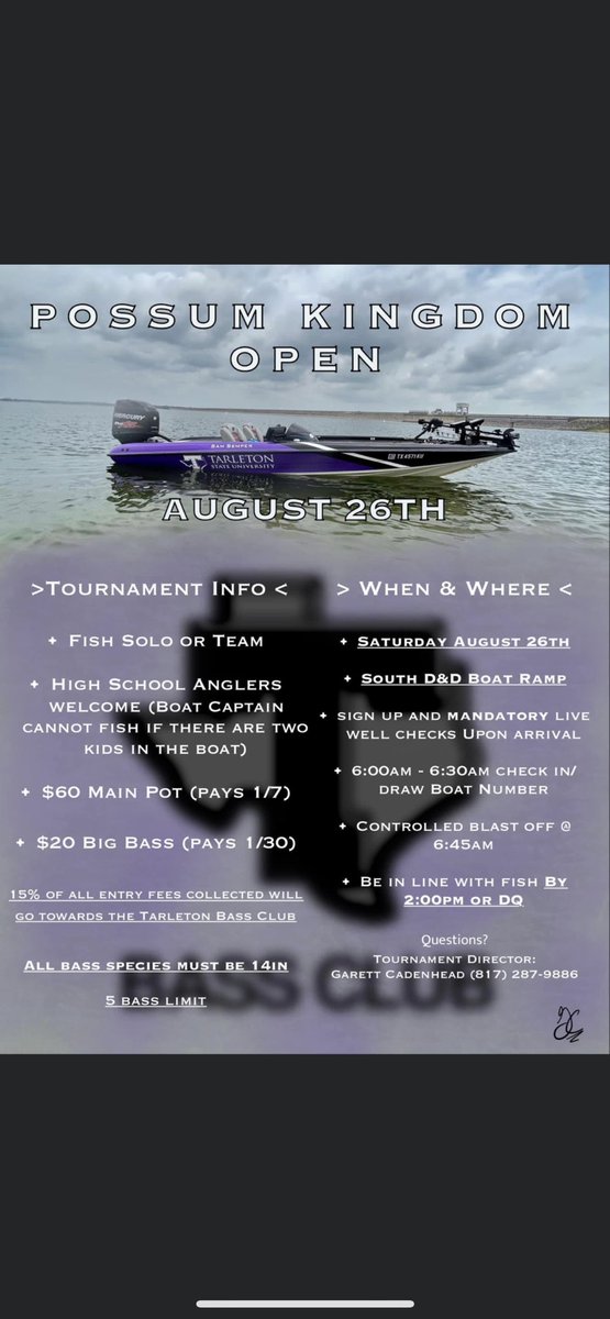 It’s that time of year! Save the date, August 26th we are hosting our annual Tarleton Bass Club PK open! Come out and support, we hope to see you there!
#GOSTATE