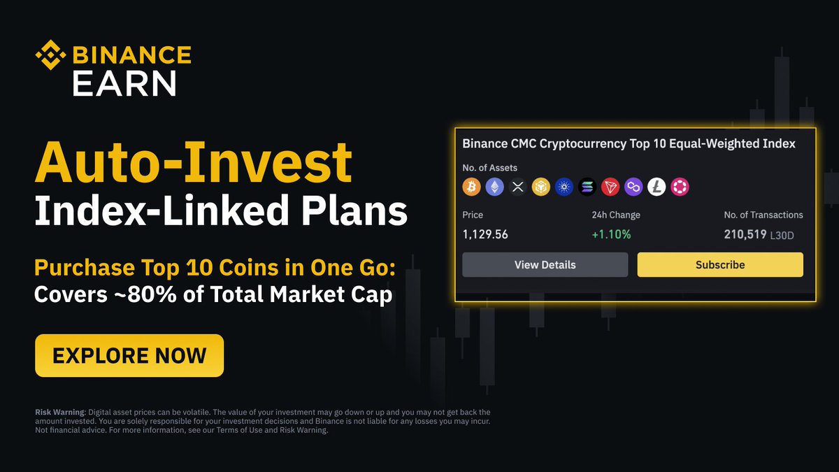 Explore index-linked plans with #Binance Auto-Invest. Purchase the top 10  coins by market cap in one go with index-linked plans, available on both  Binance web and app. Find out more ➡️ https://t.co/Bd58uNajs4
