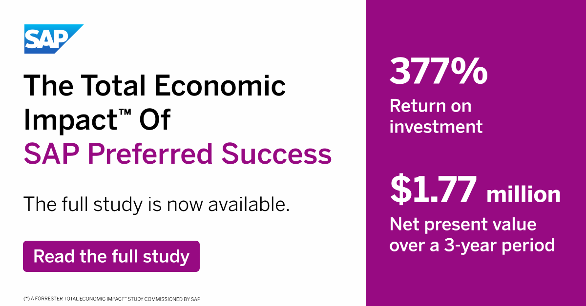 PCA_CD's tweet photo. Live with or considering #SAP #S4HANA: how about an adoption plan? Find out how SAP customers found significant ROI with SAP Preferred Success. 

Read the Total Economic Impact™ spotlight by #ForresterConsulting, commissioned by SAP ➡️ https://t.co/AtqzW7WZOY https://t.co/c7lZhXUQdu