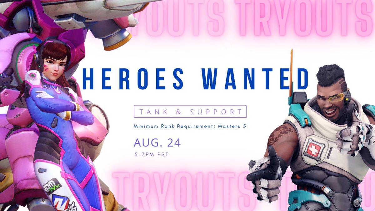 SJSU_Esports's tweet photo. Overwatch Tryouts!! 

Calling all heroes!! We’ll be hosting tryouts for both Tank &amp; Support roles on August 24th, from 5pm to 7pm. If you are interested in trying out for the team more info will be listed down below

🎨: mo_sweetpotato_

https://t.co/3f2lJq7Niy https://t.co/bwgio1TIbi