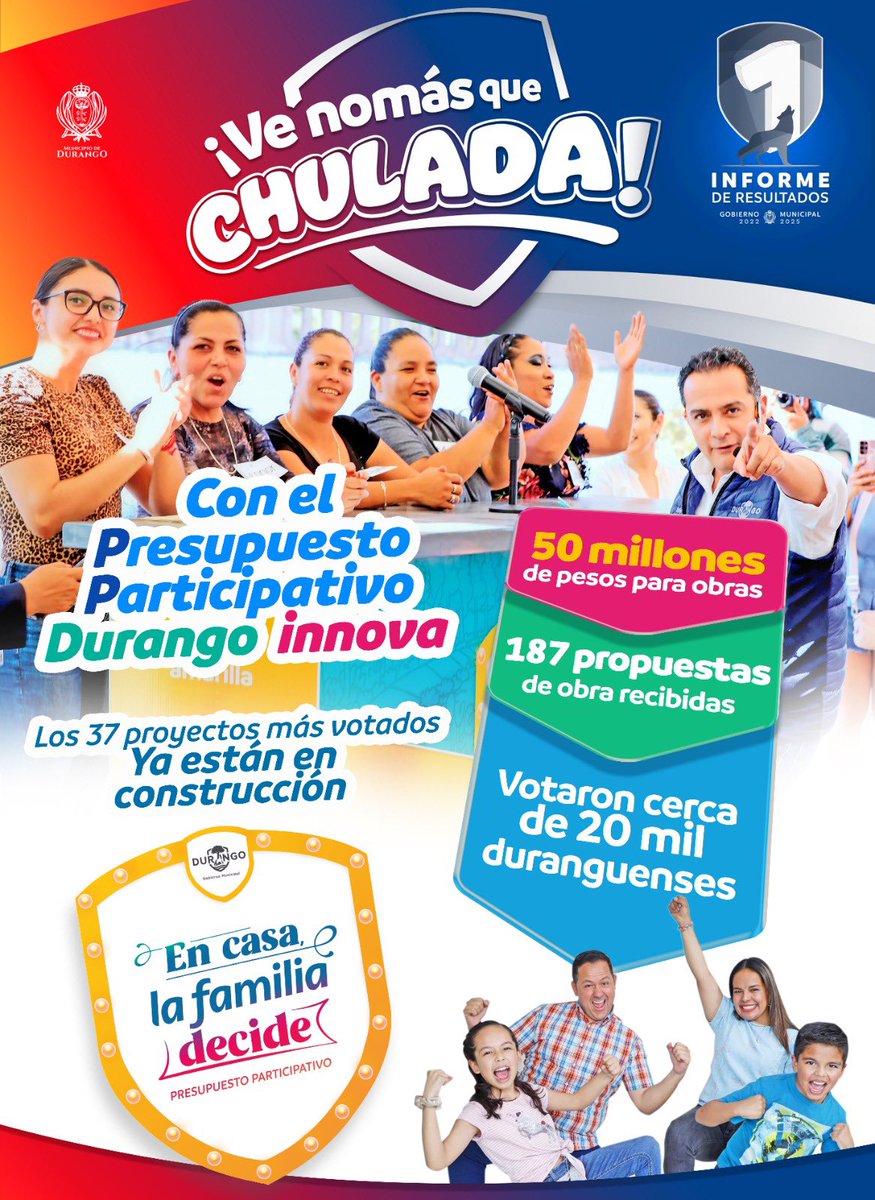 Gracias al #PresupuestoParticipativo escuchamos a la gran familia, quien decidió las obras que hoy estamos construyendo. 

#VeNomásQueChulada 👌

#1erInforme 
#ResultadosDGO 🐺🌳🦂