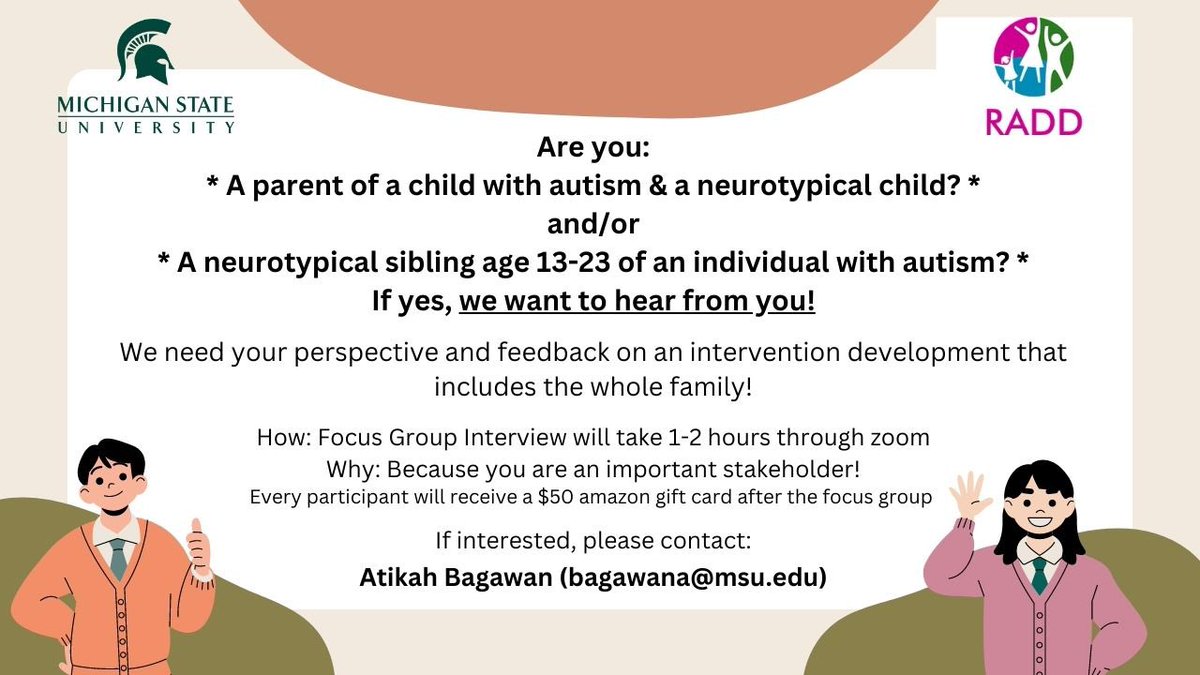 AHBagawan's tweet photo. Hello parents/siblings (age 13-23) of an individual with autism, we are looking for you! We have developed an intervention that involves multiple family members and we would like to hear ✨your feedback✨ on the feasibility of this intervention. Please contact me to chat more! https://t.co/gUKhUPk3gc