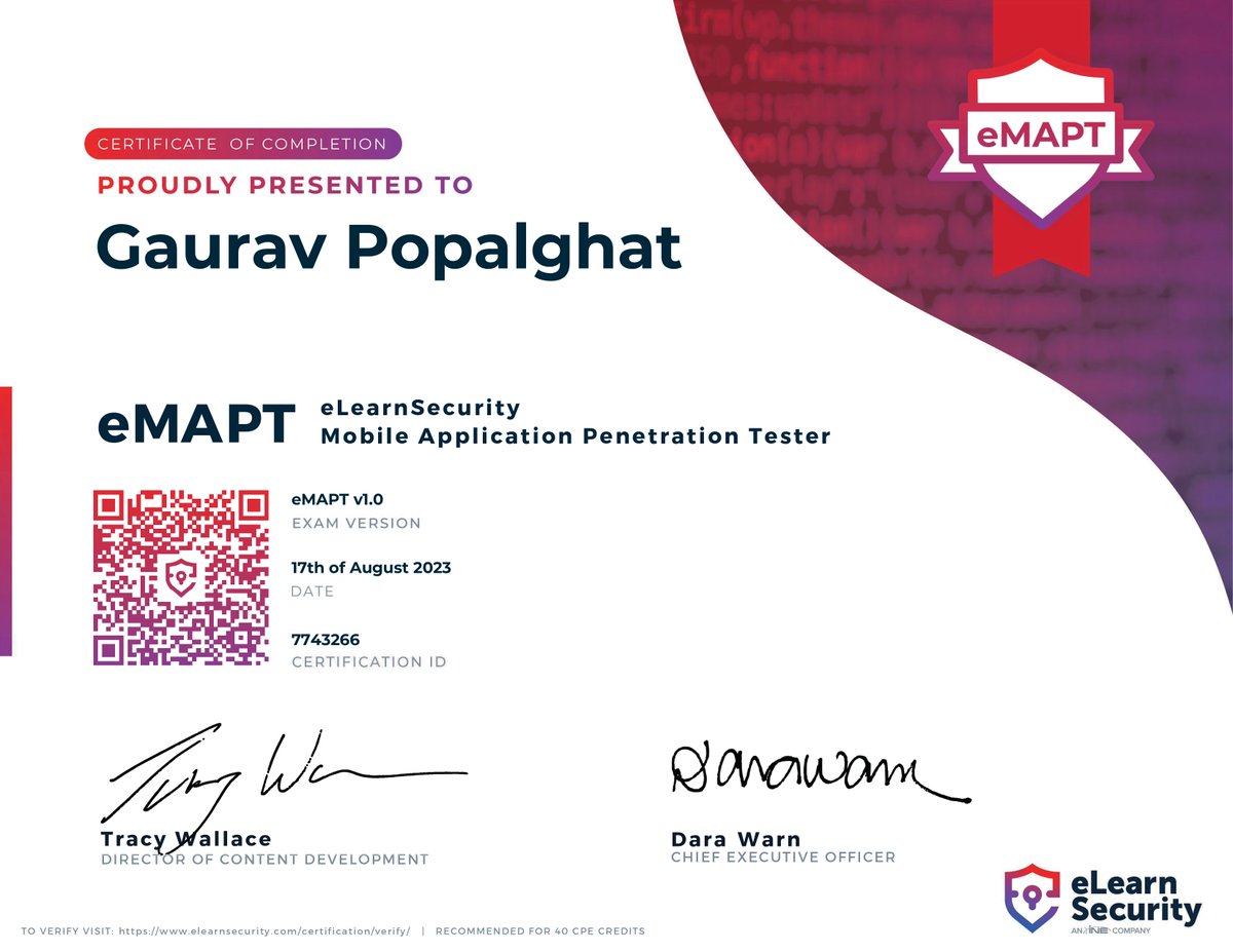 N008x's tweet photo. I’m happy to share that I’ve obtained a new certification: eLearnSecurity Mobile Application Penetration Tester (EMAPT) from @eLearnSecurity!
https://t.co/uEOD4PLkbp
#emapt #elearnsecurity #mobilesecurity https://t.co/i98nyPxTxx