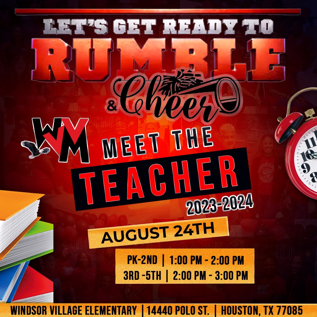 Windsor Village ES (@wv_eagles) on Twitter photo Let’s get ready to #rumble #wveagles Join us for Meet the Teacher next week! #backtoschool #newyear #school #elementary #meettheteacher #wveagles #students <a href="/slouis70/">Shantelle Louis</a> <a href="/HoustonISD/">Houston ISD</a> Let’s get ready to #rumble #wveagles Join us for Meet the Teacher next week! #backtoschool #newyear #school #elementary #meettheteacher #wveagles #students <a href="/slouis70/">Shantelle Louis</a> <a href="/HoustonISD/">Houston ISD</a>
