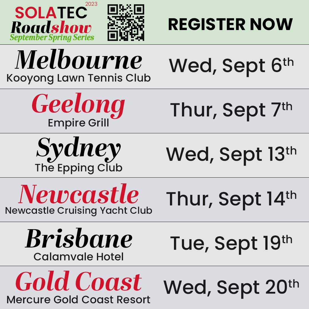 Our SolaTec Roadshow returns this September! Featuring new products, locations and presentations from PV's top brands including <a href="/JinkoSolarCoLtd/">Jinko Solar</a> and <a href="/eCactus_weiheng/">WHES</a>. Gain 30 CPD points, $100 credit, free dinner &amp; more. 
Register at austraenergy.com.au/solatec-spring… to guarantee your spot.