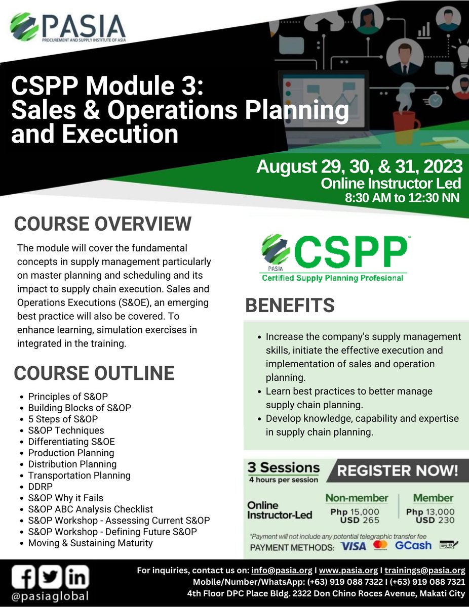 Learn how to do better Supply Chain Planning thru Sales & Operations Planning: Join our PASIA Online Instructor-Led Public Training this August. 

#supplyplanning #supplychainplanning #inventory #inventorymanagement #Inventoryplanning #salesandoperation #IBP #MRP #demandplanning
