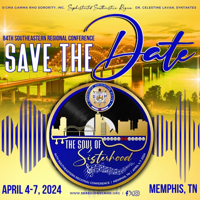 84th SOUTHEASTERN REGIONAL CONFERENCE: SAVE THE DATE 

The 84th Southeastern Regional Conference to be held in historic Memphis, TN, April 4-7, 2024. The SER Boar
#sgrho #SophisticatedSER #SERConference2024 #TheSoulOfSisterhood