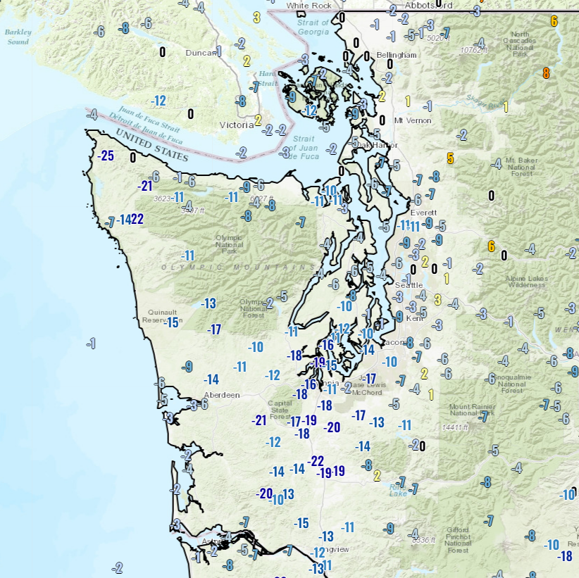 NWSSeattle's tweet photo. 8:30 PM - Here's something that should make just about everyone happy: This is a look at the 24 hour temperature difference. It's at least a few degrees cooler just about everywhere and around 20 degrees cooler from Olympia through Chehalis! #ReliefIsComing #wawx https://t.co/tAOuIh6eCO