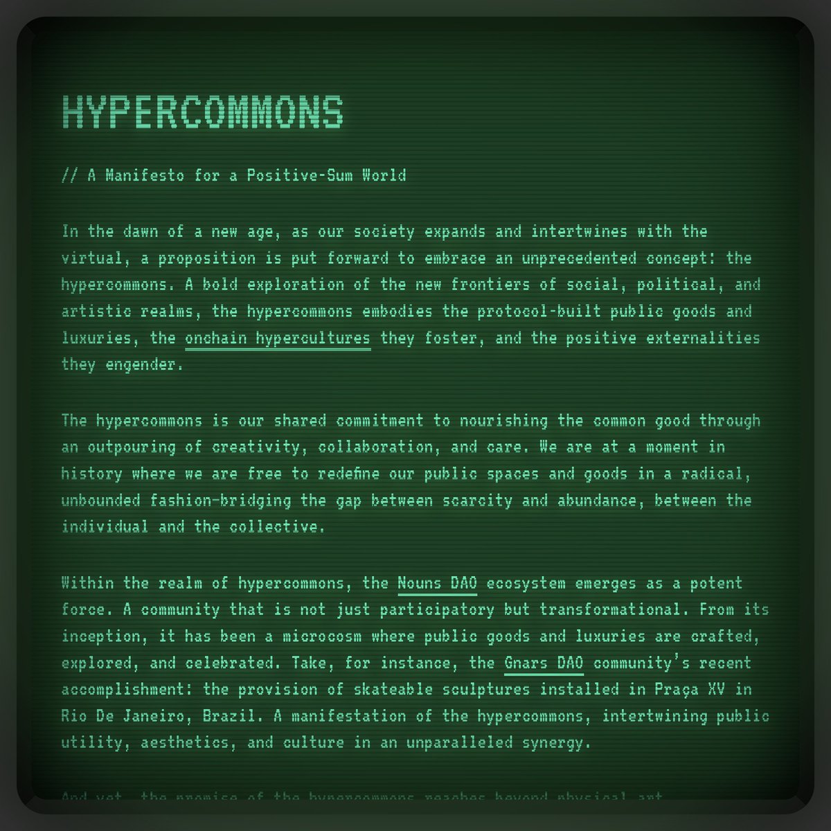 Manifesto for hyperpunks

Free HTML on @ourZORA

Hyperlink below, click it: