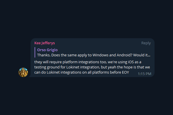 Oxen_io's tweet photo. Spotted in our Telegram Community earlier today...

We're aiming for @lokinet_org integration in @session_app across Desktop and Mobile platforms by the end of 2023. https://t.co/eNJO4tsbsH