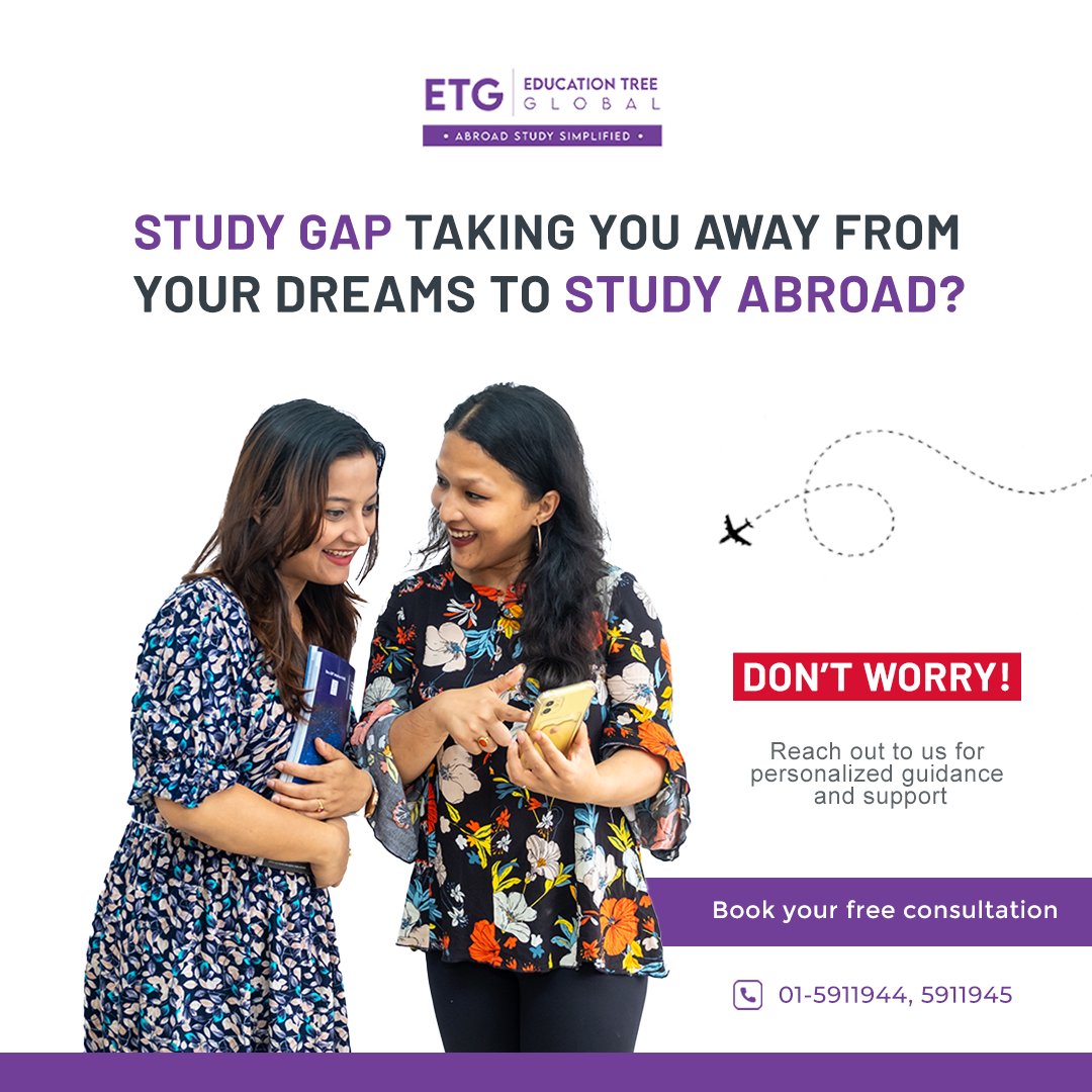 Bridge the Study Gap and Unlock Your Study Abroad Dreams! 🌍Our experts will guide you through every step. 

Reach out to us for a free consultation today! 🚀 

#StudyAbroad #EducationConsultancy #YourPathToWorldClassEducation #Educationtreeglobal #ETG