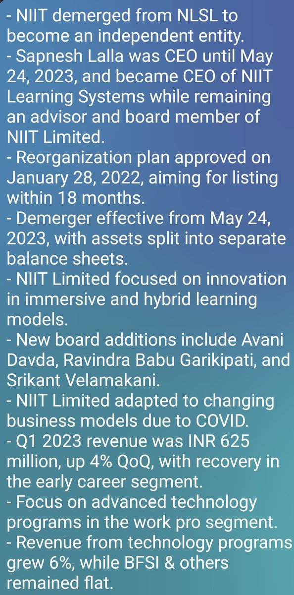 ConcallSummary's tweet image. Key Summary from NIIT Ltd. Q1FY24 Concall

Follow 📢 for More Concall Summary

#NIIT
#NIITLearning
#Concall
#Q1FY24
#TrendingNow 
#StocksInFocus 
#StockMarket 
#stockmarketnews 
#stockstowatch