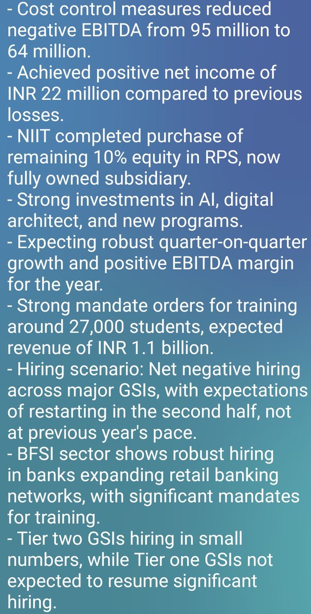 ConcallSummary's tweet image. Key Summary from NIIT Ltd. Q1FY24 Concall

Follow 📢 for More Concall Summary

#NIIT
#NIITLearning
#Concall
#Q1FY24
#TrendingNow 
#StocksInFocus 
#StockMarket 
#stockmarketnews 
#stockstowatch