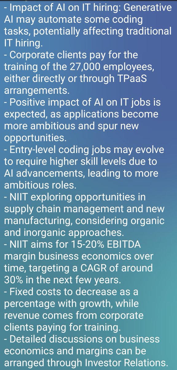 ConcallSummary's tweet image. Key Summary from NIIT Ltd. Q1FY24 Concall

Follow 📢 for More Concall Summary

#NIIT
#NIITLearning
#Concall
#Q1FY24
#TrendingNow 
#StocksInFocus 
#StockMarket 
#stockmarketnews 
#stockstowatch