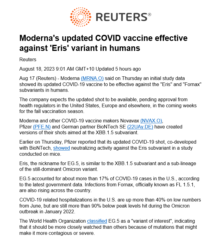 BigBadDenis's tweet photo. "Moderna said on Thursday (Aug 17) an initial study data showed its updated COVID-19 vaccine to be effective against the Eris (EG.5) and Fornax (FL 1.5.1) subvariants in humans."
#COVID19 #Moderna #Eris #Fornax #EG5 #FL151
Source: https://t.co/QvexgVeAKj https://t.co/bWSYpuIC78