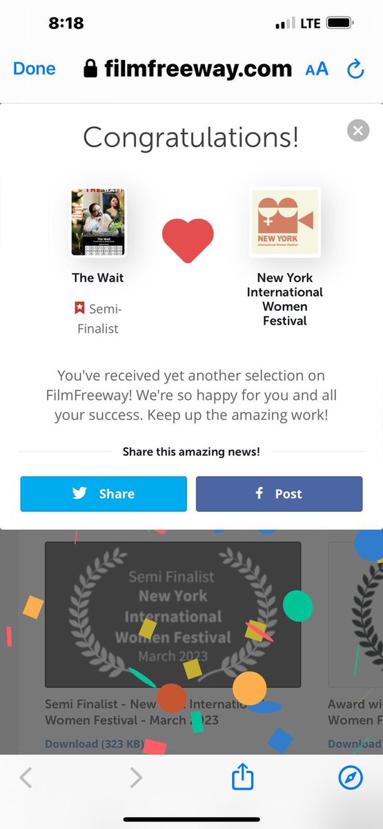 DrRoy_Chairman's tweet photo. An amazing early morning surprise from New York International Woman Film Festival ❤️❤️ The Wait - By Adrija Kudos got selected as a semi finalist entry ❤️❤️ https://t.co/gSOWdN9F1a
