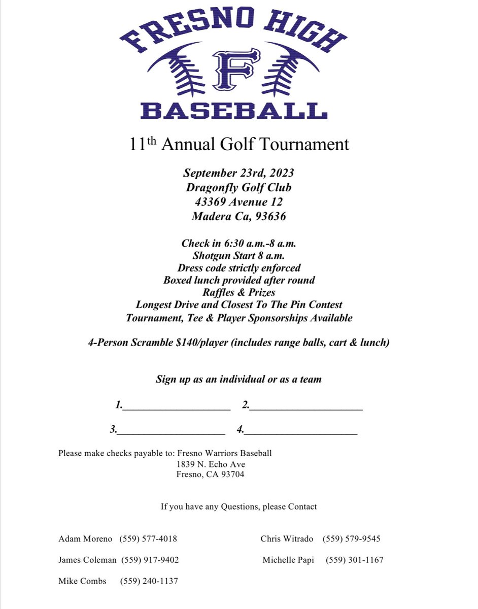fresnobaseball's tweet photo. The 11th Annual Fresno High Baseball Golf Tournament is right around the corner! Players, tee sponsors, and raffle prizes are needed! It is filling up fast and sells out each year! Message us here to get involved! https://t.co/lI96eAR360