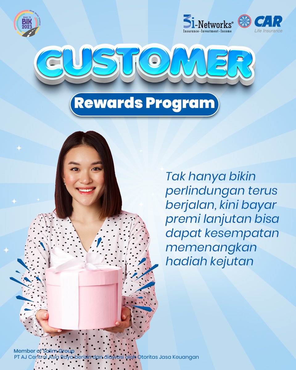 CARLife_ID's tweet photo. Tak hanya bikin perlindungan terus berjalan, kini bayar premi lanjutan bisa dapat kesempatan memenangkan hadiah kejutan! Info lebih lanjut mengenai cara pembayaran premi kunjungi website CAR Life Insurance https://t.co/ijKVjSaInv #CustomerRewards #carlifeinsurance #3iNetwork https://t.co/wWl0ZcXsKZ