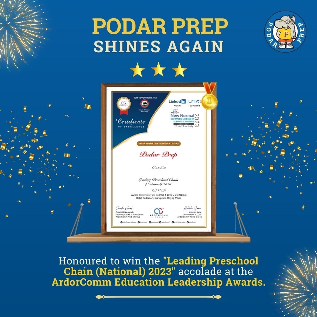 Rising to excellence, one award at a time! 🌟
Thrilled to announce Podar Prep's win as the "Leading Preschool Chain (National) 2023" at the ArdorComm Education Leadership Awards. Cheers to the team and the Podar community! 🏆

#PodarPrep #Awards  #ProudMoment