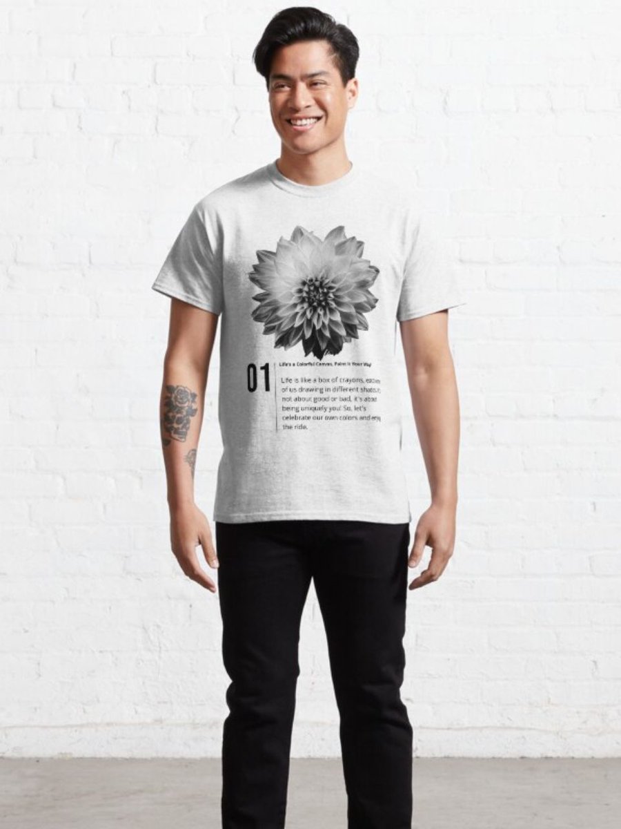 ecoartique's tweet photo. A T-shirt featuring a monochrome dahlia design. It represents the colors of life and enhances your individuality #Tshirt #flowerdesign https://t.co/8o68xWylxY