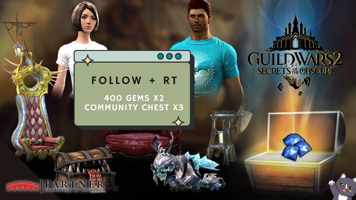 JustArih's tweet photo. 🔥ＧＩＶＥＡＷＡＹ🔥

Only 5 days until #GW2SOTO release! Ahhh!

⚡️ Follow me + Retweet for a chance to win 400 gems (2 winners) or a community chest (3 winners)!

Ends August 21st 10:00 PM PST because I'll be too busy on the 22nd 🤣

Sponsored by @ArenaNet 🫶

#gw2 #guildwars2 https://t.co/QTYp8aKn9h