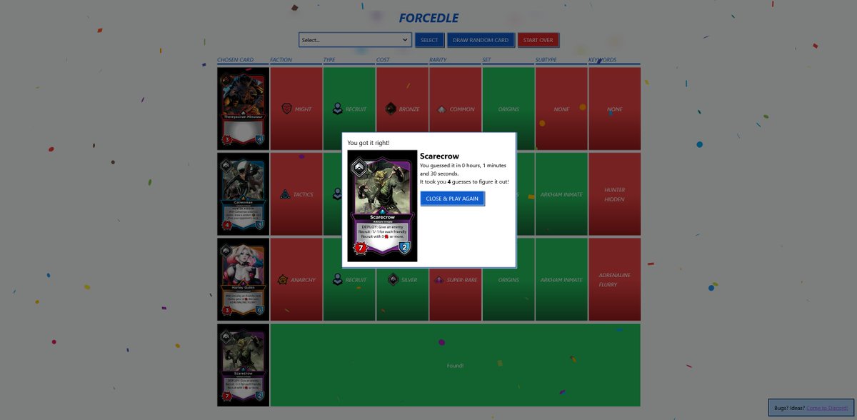 WillowCCG's tweet image. Happy that I can finally talk about "Forcedle."

Forcedle is a mini-game on "Dual Force Tavern" 

Its a feature I suggested and helped develop by identifying bugs. Proud of the results, but how do you play? Select a new card until you find the correct one

dualforcetavern.com/forcedle