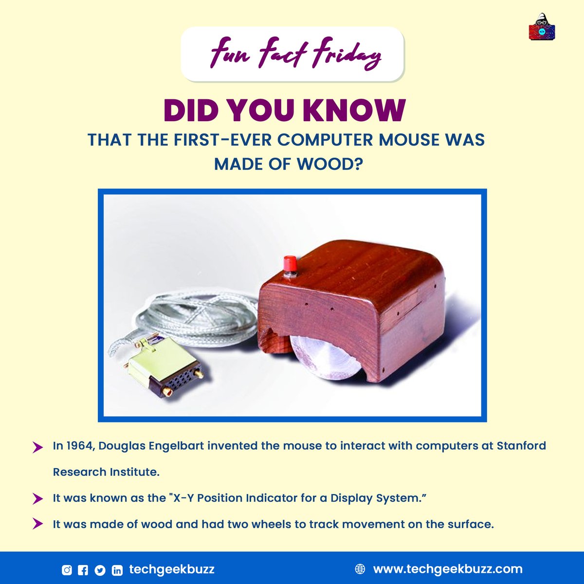 techgeekbuzz's tweet photo. 🐭🌲From wood to wonders! 🌟
Did you know that the very first computer mouse was made of wood? 🌳✨
#firstmouse #mouse #funfactfriday #interestingfacts #generalknowledge #didyouknow #didyouknowfacts https://t.co/ibNxySos4J