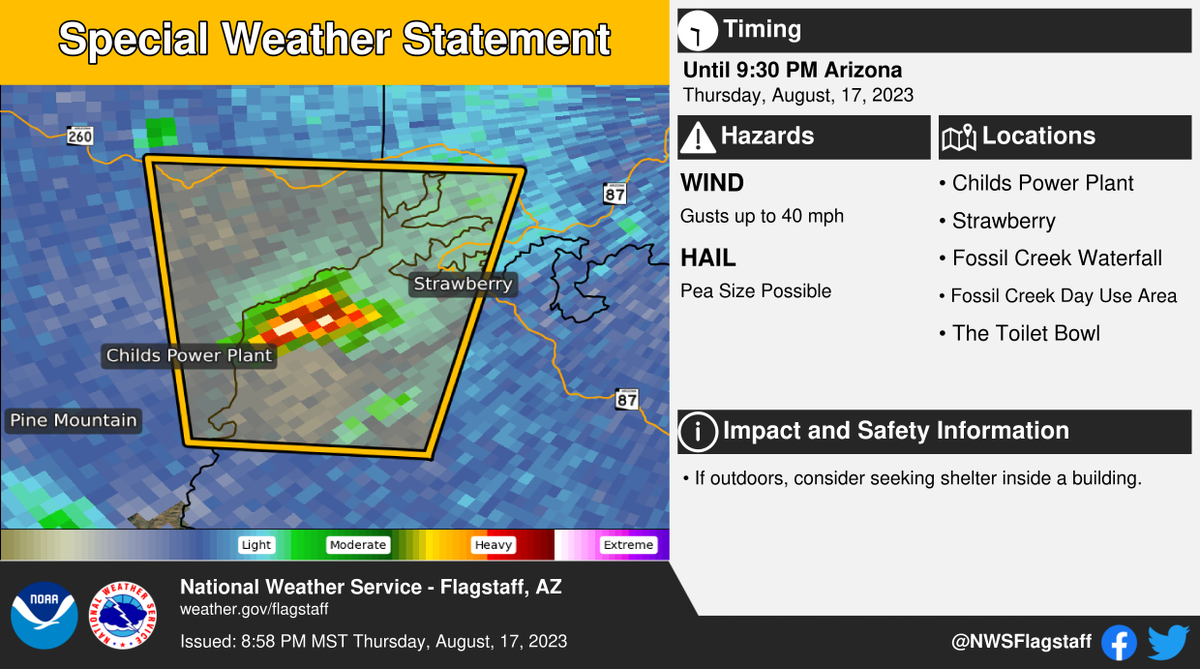 ⚠️ Special Weather Statement ⚠️ in effect until 9:30 PM MST for portions of Gila, Yavapai, and Coconino Counties. This includes Childs Power Plant, Strawberry, Fossil Creek Waterfall, Fossil Creek Day Use Area, and The Toilet Bowl. #azwx