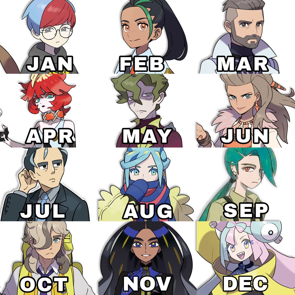Touyarokii's tweet photo. Your birth month is which Pokemon Scarlet/Violet trainer you have to battle with! https://t.co/Nyl8LYaVQr