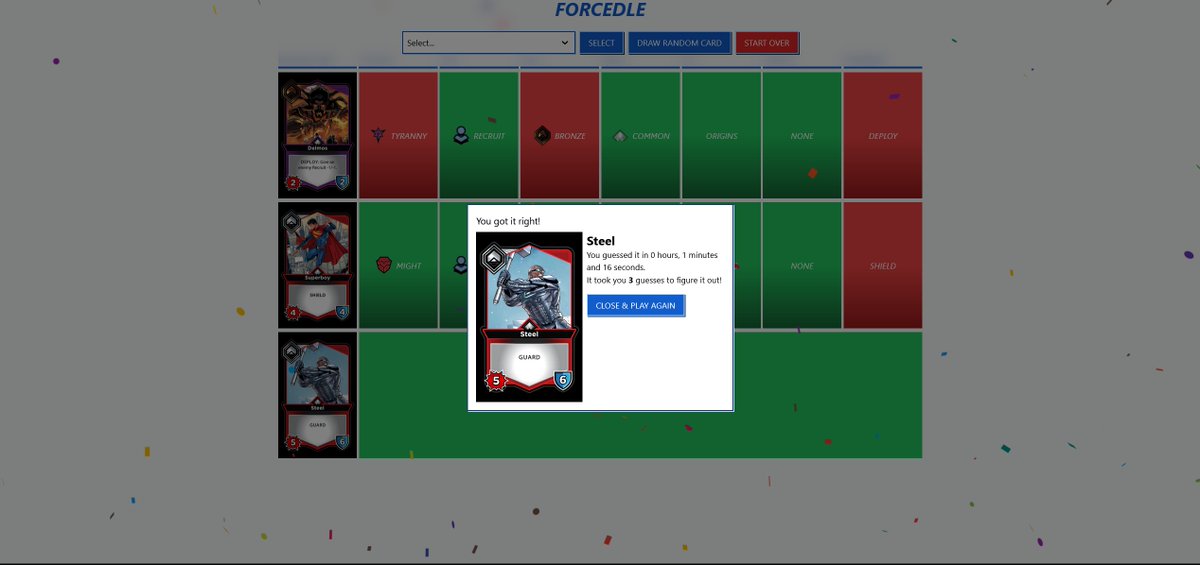 WillowCCG's tweet image. Happy that I can finally talk about "Forcedle."

Forcedle is a mini-game on "Dual Force Tavern" 

Its a feature I suggested and helped develop by identifying bugs. Proud of the results, but how do you play? Select a new card until you find the correct one

dualforcetavern.com/forcedle