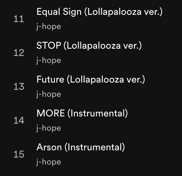 j-hope 'Jack In The Box (Hope Edition)' albümündeki yeni şarkılar✨ -Equal Sign (Lollapalooza ver.) -STOP (Lollapalooza ver.) -Future (Lollapalooza ver.) -MORE (Instrumental) -Arson (Instrumental)