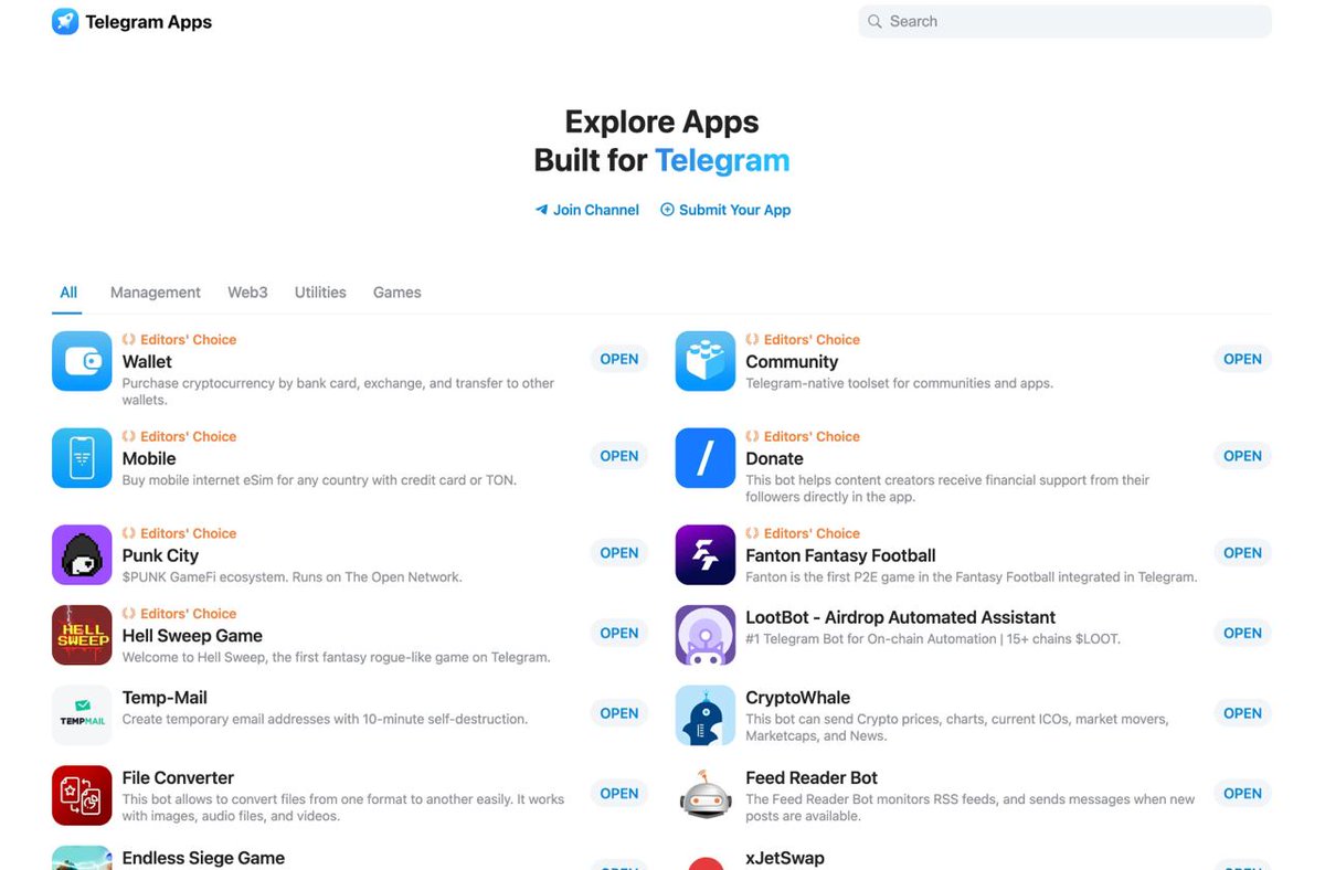 Telegram Apps 应用中心正式上线🚀 在这里可以找到Telegram 里各种各样的应用，从游戏、钱包到实用工具。目前列表中的应用中主要是