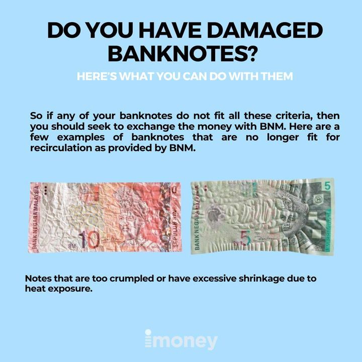 iMoneyMY's tweet photo. Did you know that damaged banknotes can be hand over to get back in the circulation. Here are some of the banknotes that can be replace to a new one.

Be informed about damaged banknotes 👉 https://t.co/A2yUMYu4kV

#BankNotes #iMoney #imoneymy https://t.co/sc3SAGMYbt