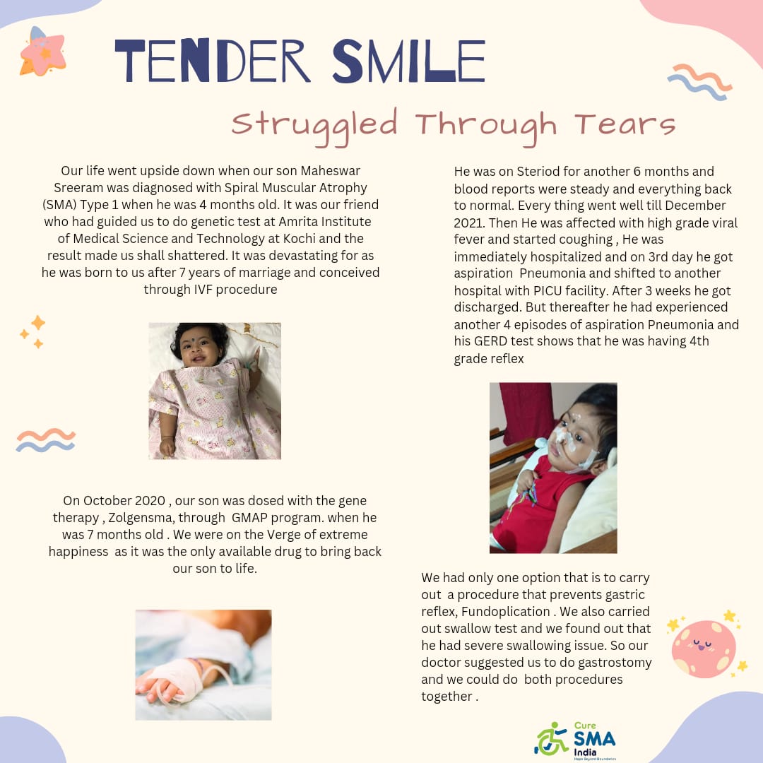 curesmaindia's tweet photo. #SMAjourney
Meet Maheswar, a 3-year-old #SMA type 1 fighter from Kerala. Despite battling recurrent pneumonia post #Zolgensma treatment, his resilience shone through. Fundoplication and gastrotomy procedures brought relief, transforming his life. This  underscores the importance of understanding pneumonia's triggers and taking proactive steps to prevent recurrence. 
 #SMACommunity.
#SMAAwareness #InspiringJourney