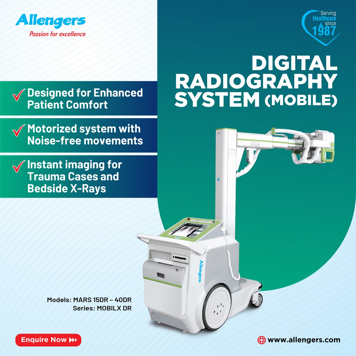 AllengersGroup's tweet image. 𝐀𝐥𝐥𝐞𝐧𝐠𝐞𝐫𝐬 𝐌𝐎𝐁𝐈𝐋𝐗 𝐃𝐑

MOBILX DR is a #mobiledigitalradiography system with motor-assisted noise-free movements, a 14” x 17” portable Wi-Fi #FPD and a user-friendly touchscreen operating console. Learn more:  
bit.ly/3YHEV0r

 #X_ray #healthcare