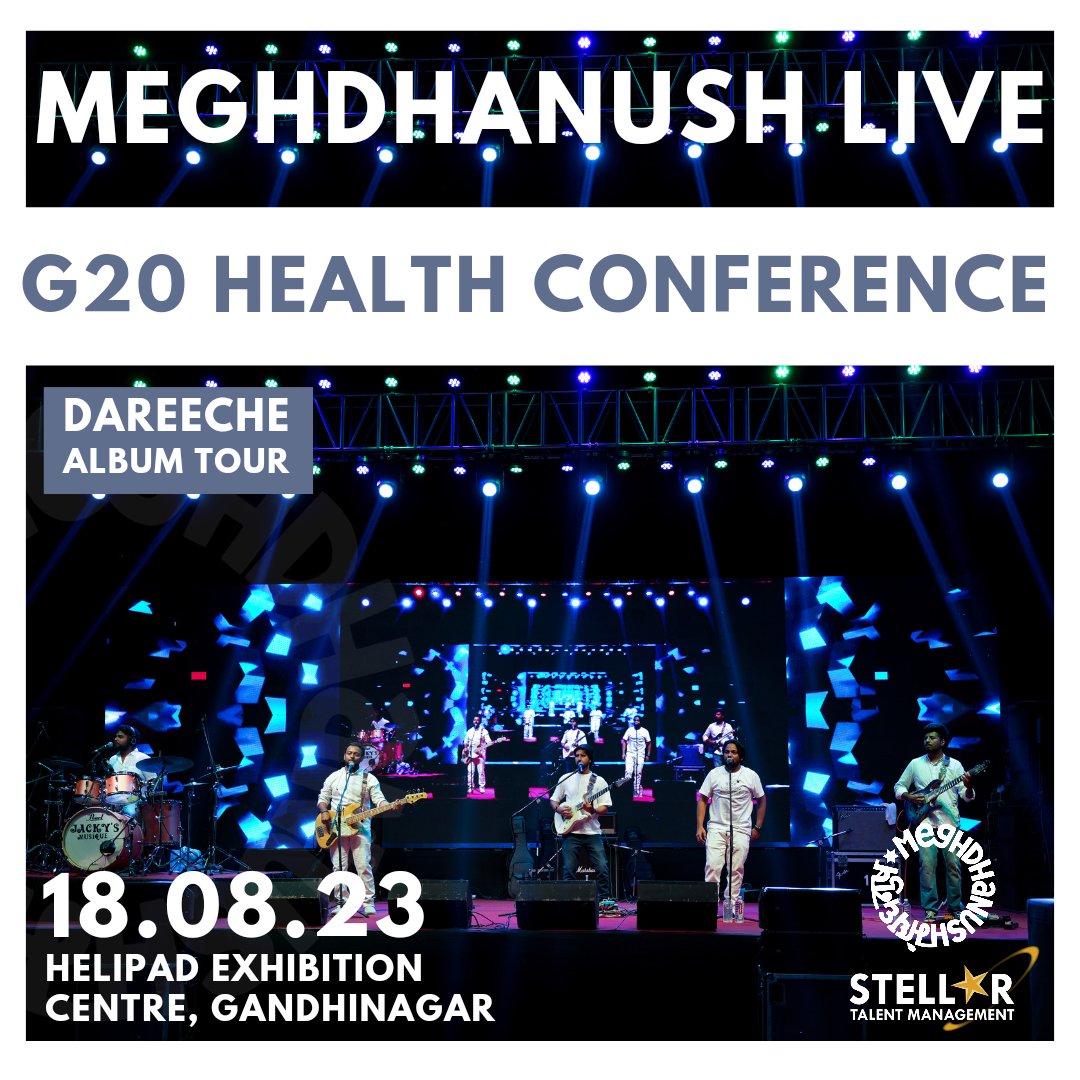 TalentStellar's tweet photo. #MeghdhanushLive tonight at #G20India2023 tonight for the #G20HWG!
@g20org We are ready to Rock your Night with our fusions at the honorable Delegates meet!
#Meghdhanush #MDLive #G20India #G20HMM #Gandhinagar #HealthMinistry #GujaratTourism #NewAlbum #StellarTalentManagement https://t.co/eeisapQzz3