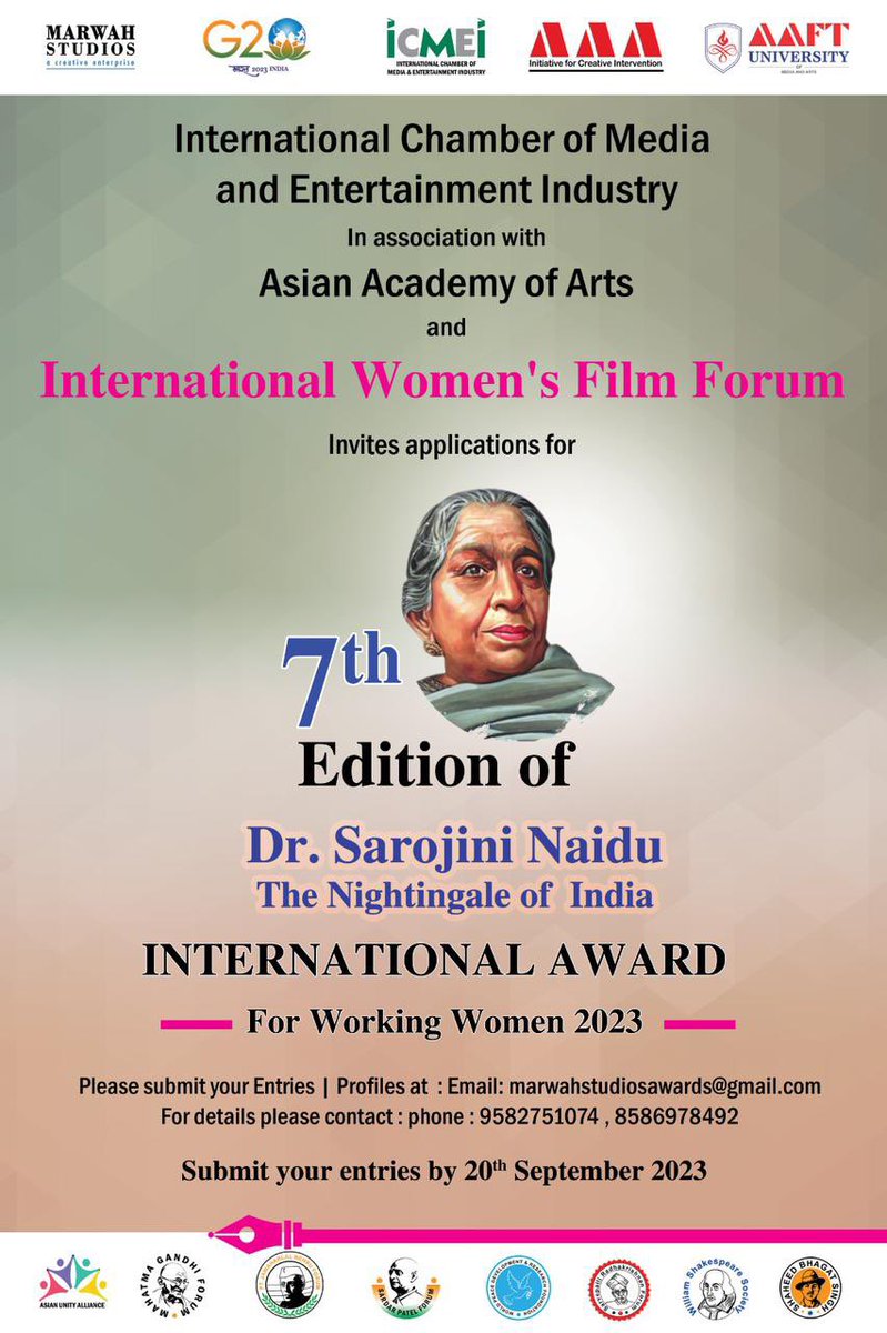 7th Edition of Dr Sarojini Naidu International Award for Working Women: Asian Academy of Arts and ICMEI invite applications from Working Women #icmei #7thedition #dr.sarojininaidu #internationalaward #workingwomen #asianacademyofarts #asianacademy #womensfilmforum
